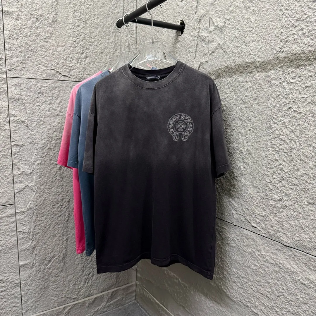 🅿️200 CH Croix Heart 2025 Summer New Style Heavy Acid Washing Gradient Distressing Chest Logo Classic Embroidery Customized Fabric Short Sleeve T-shirt Unisex Size: S M L
